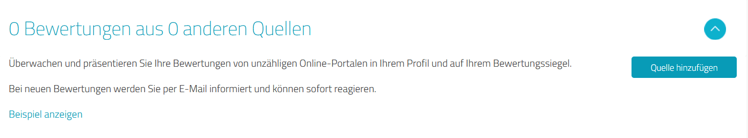 Klicken Sie im ersten Schritt auf den blauen Button &bdquo;Profile hinzufügen&ldquo;, um Ihre externen Bewertungen aus anderen Bewertungsportalen einzubinden.