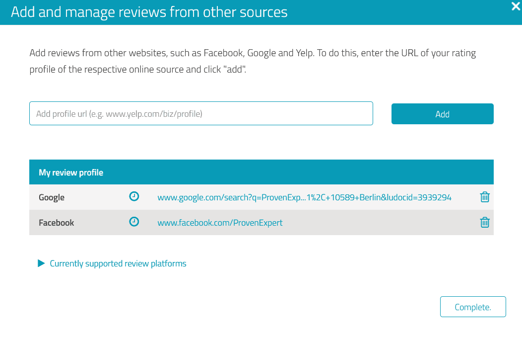 Insert the customer review platform's URL here. You can add up to as many customer review platforms as you like. This example contains reviews from bewertet.de, kennstdueinen.de and facebook.com.